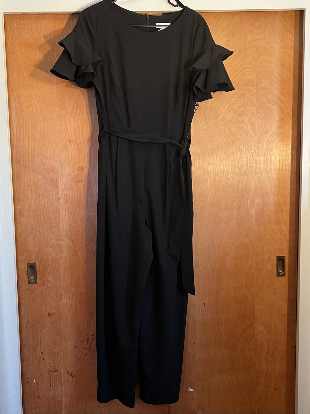 Calvin Klein Black Ruffled-Sleeve Jumpsuit with Waist Tie